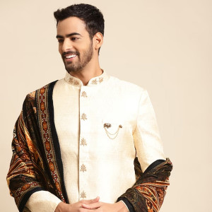 Men White Woven Design Sherwani Set